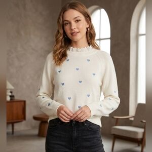 SHEIN Cream Crewneck Sweater with Blue Heart Motifs